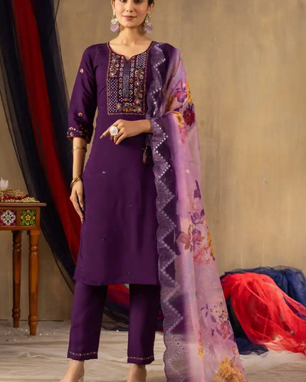 Lila 06 Blue Color Roman Silk Kurti Pant Dupatta With Hand Work