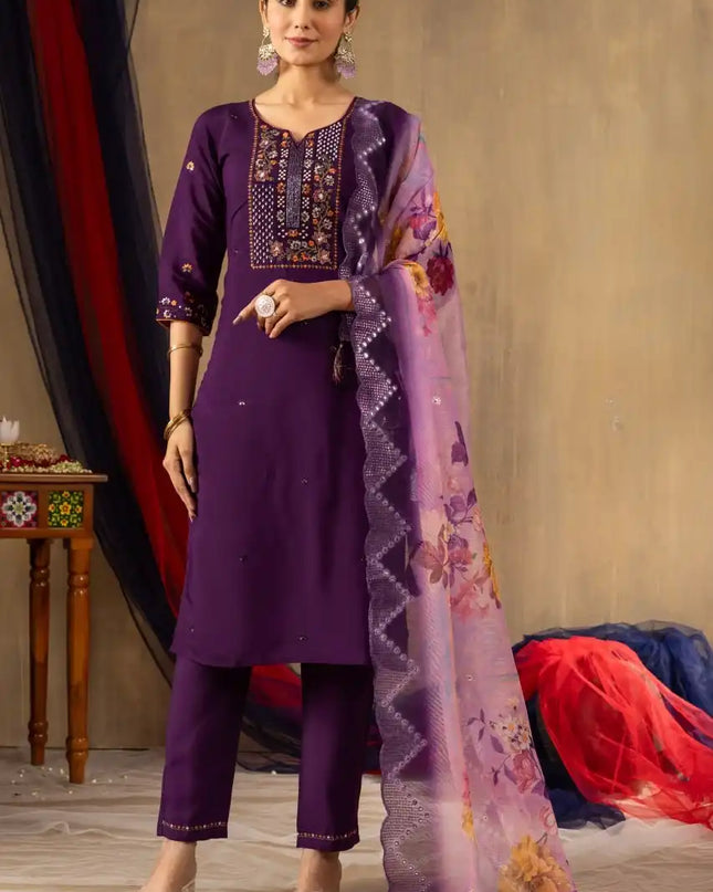 Lila 06 Blue Color Roman Silk Kurti Pant Dupatta With Hand Work