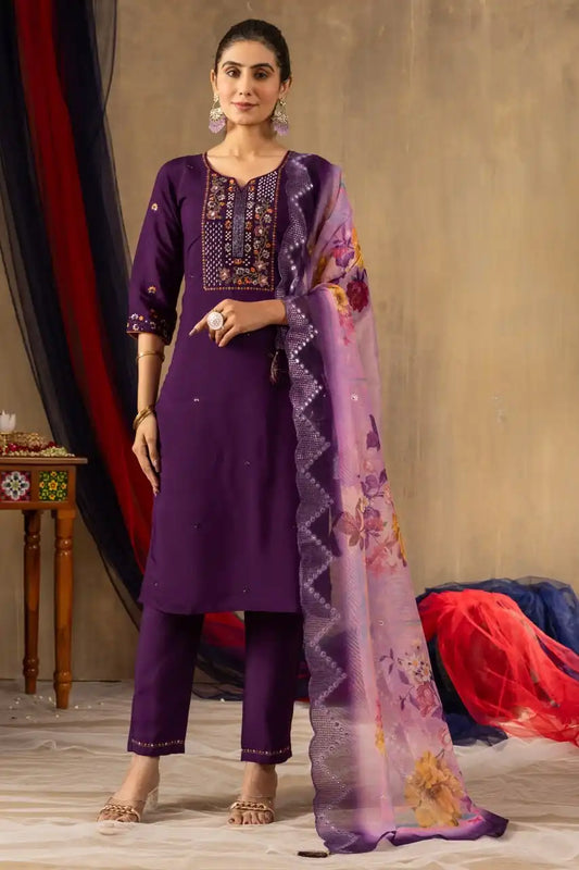 Lila 06 Blue Color Roman Silk Kurti Pant Dupatta With Hand Work