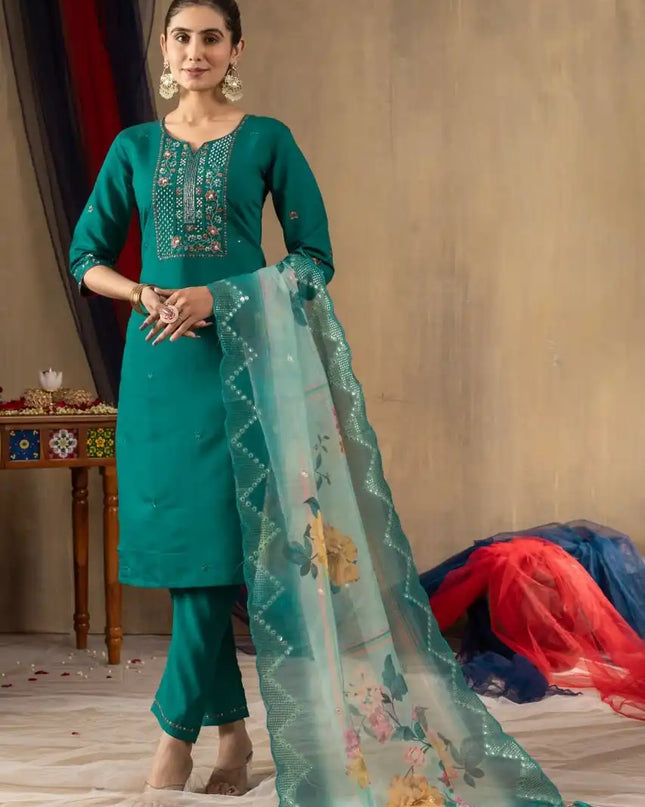 Lila 06  Roman Silk Kurti Pant Dupatta With Embroidery Thread Work
