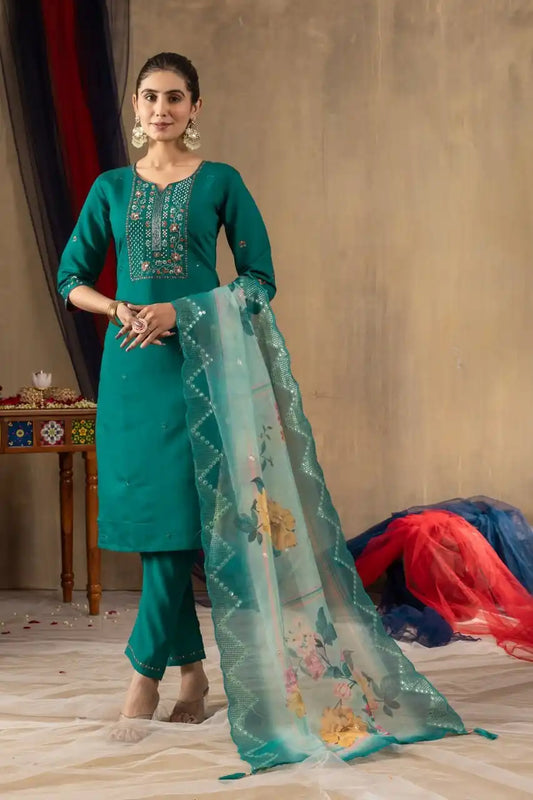 Lila 06  Roman Silk Kurti Pant Dupatta With Embroidery Thread Work
