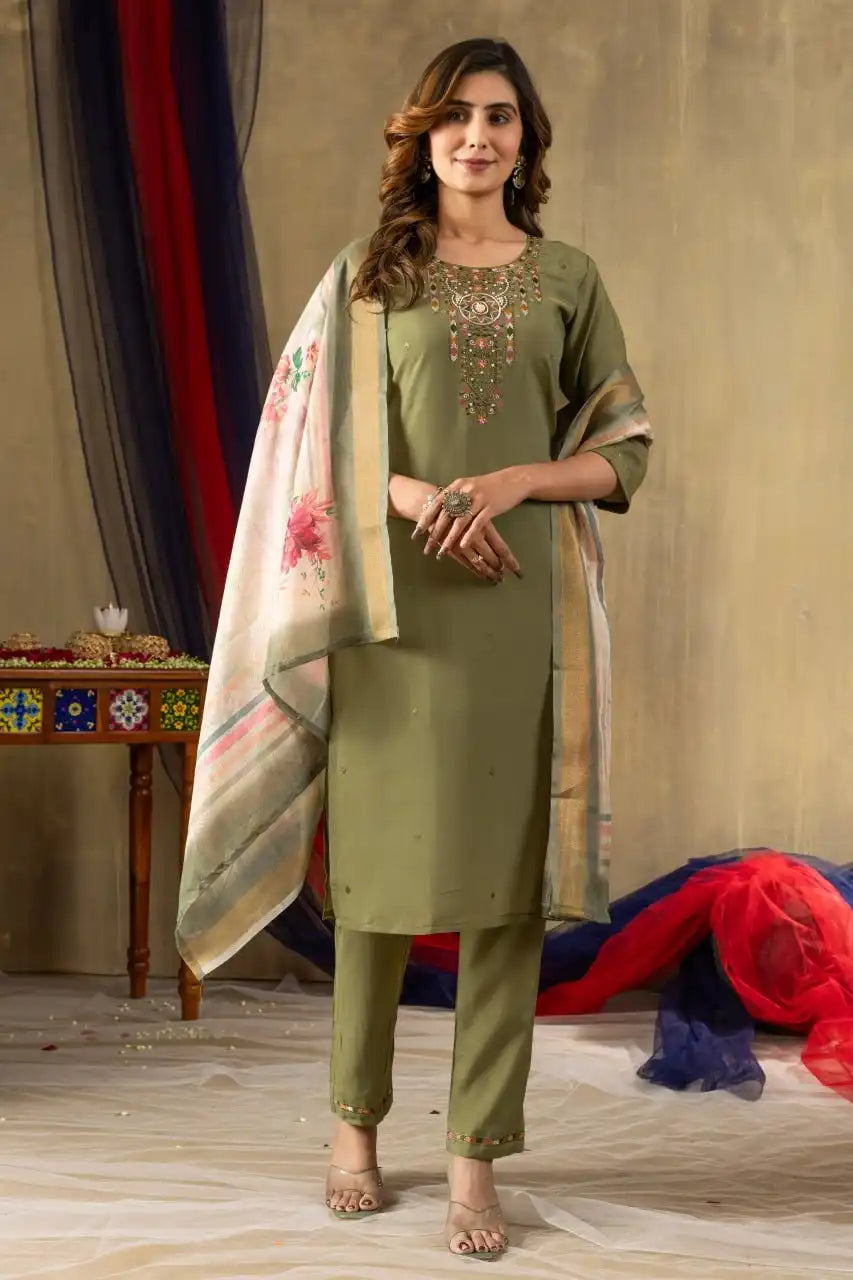 Lila 07 Gold Silk Aline Kurti Pant Dupatta With Hand Work Diwali Collection