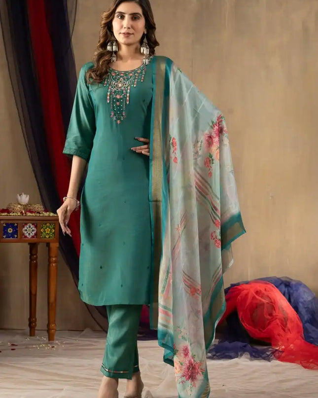 Lila 07 Gold Silk Seagreen Color  Kurti Pant Dupatta With Hand Work Diwali Collection 2025