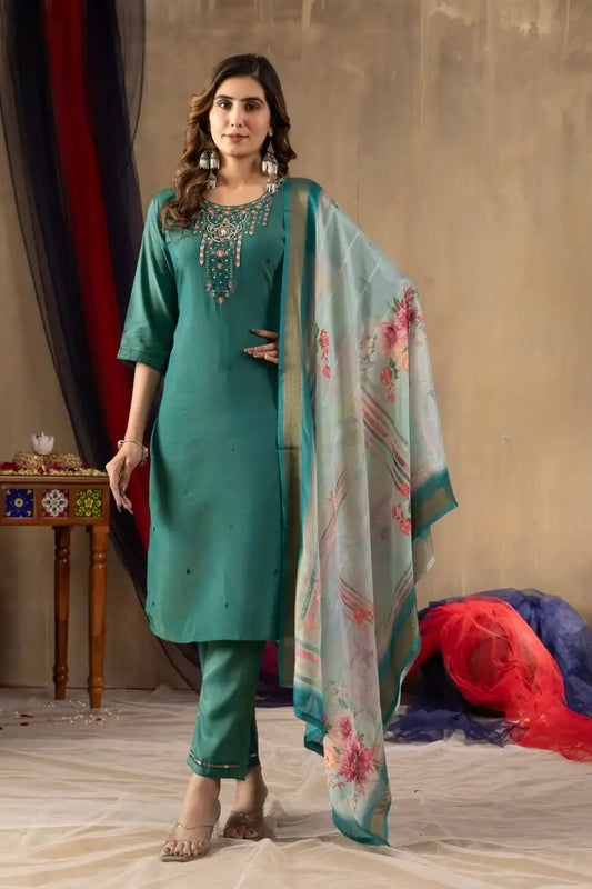 Lila 07 Gold Silk Seagreen Color  Kurti Pant Dupatta With Hand Work Diwali Collection 2025