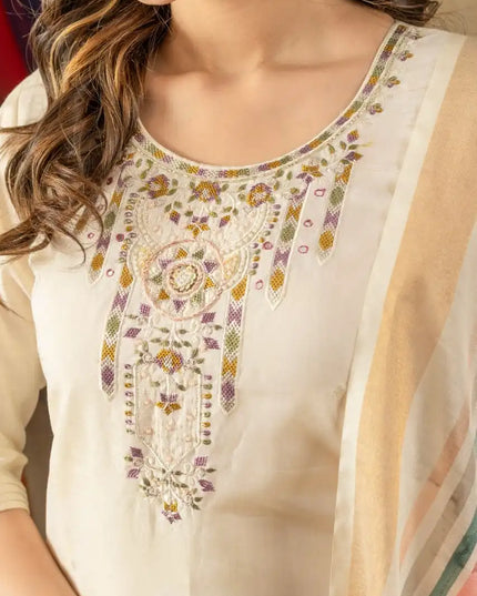 Lila 07 Gold Silk Cream Color Kurti Pant Dupatta With Hand Work Diwali Festival