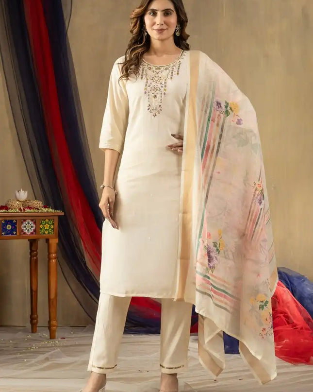 Lila 07 Gold Silk Cream Color Kurti Pant Dupatta With Hand Work Diwali Festival