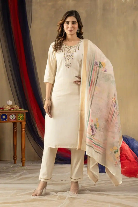 Lila 07 Gold Silk Cream Color Kurti Pant Dupatta With Hand Work Diwali Festival