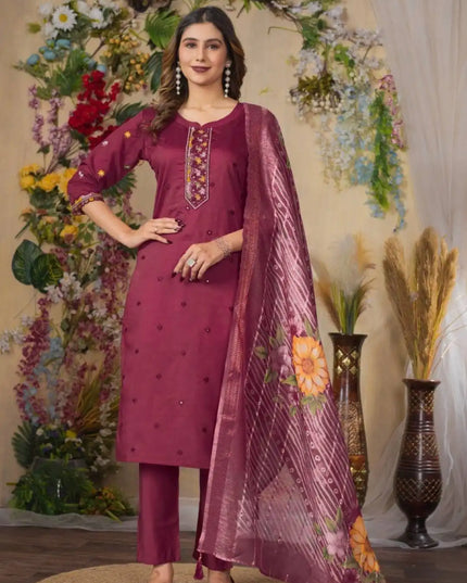 Lila 08 Viscose Roman Silk 3pc Salwar Suit With Thread Hand Work