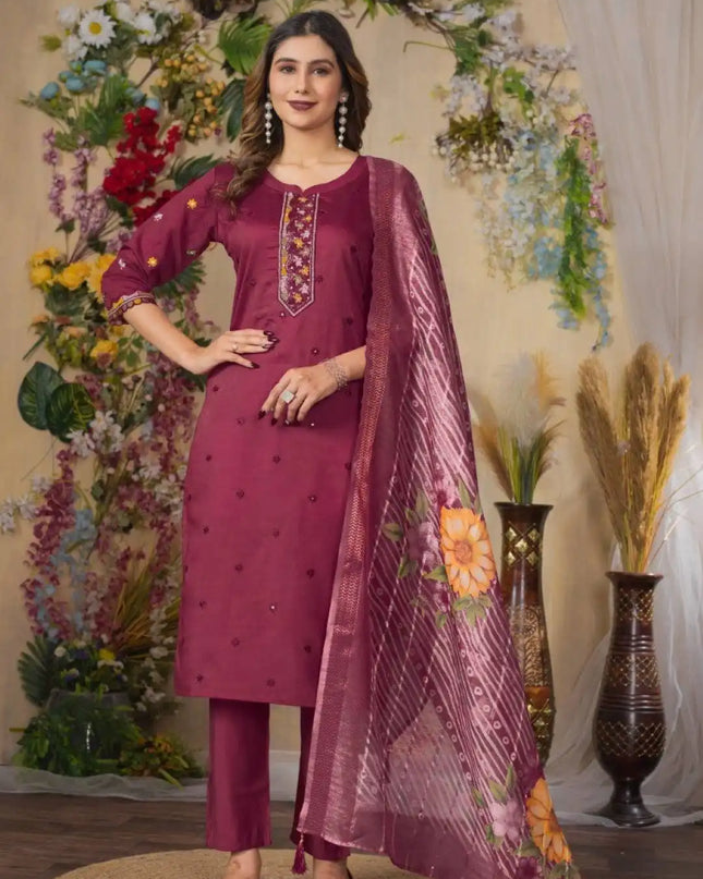 Lila 08 Viscose Roman Silk 3pc Salwar Suit With Thread Hand Work