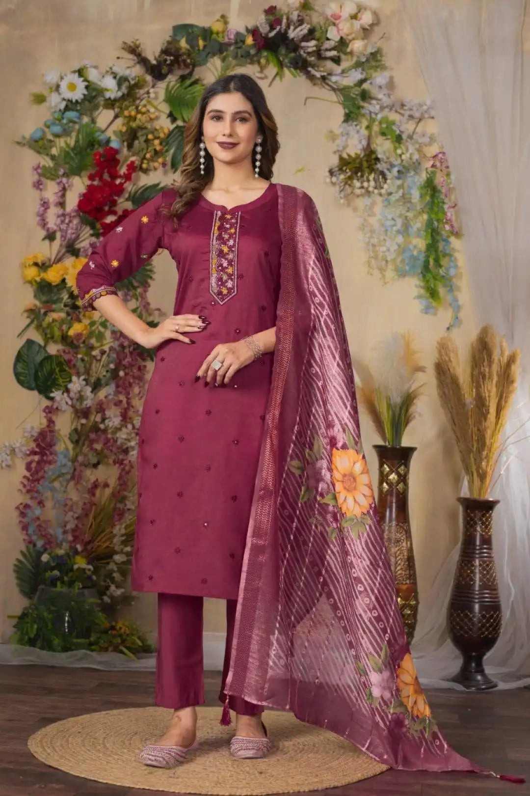 Lila 08 Viscose Roman Silk 3pc Salwar Suit With Thread Hand Work