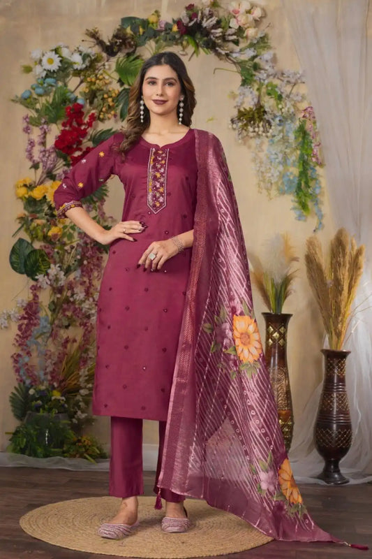 Lila 08 Viscose Roman Silk 3pc Salwar Suit With Thread Hand Work