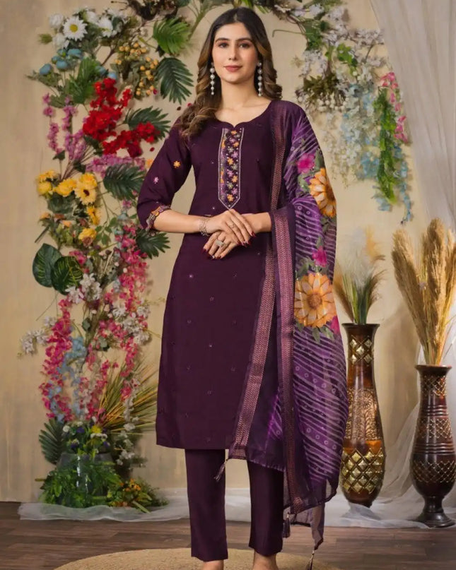 Lila 08 Viscose Roman Silk Eggplant Color Salwar Suit With Embroidery Thread Work