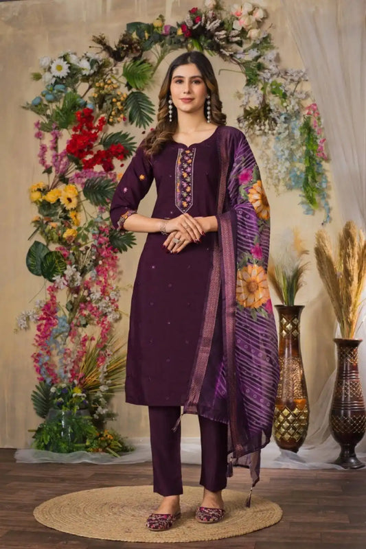 Lila 08 Viscose Roman Silk Eggplant Color Salwar Suit With Embroidery Thread Work