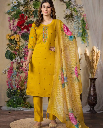Lila 08 Viscose Roman Silk Yellow Color Salwar Suit With Embroidery Collection