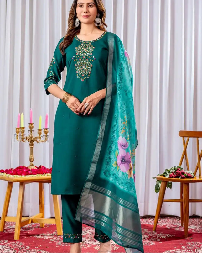Lila 09 Viscose Silk Kurti Pant Dupatta With Embroidery Hand Work