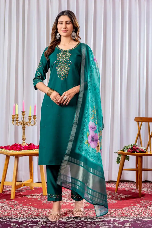 Lila 09 Viscose Silk Kurti Pant Dupatta With Embroidery Hand Work