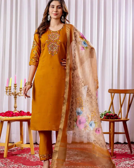 Lila 09 Viscose Silk Kurti Pant Dupatta Hand Work