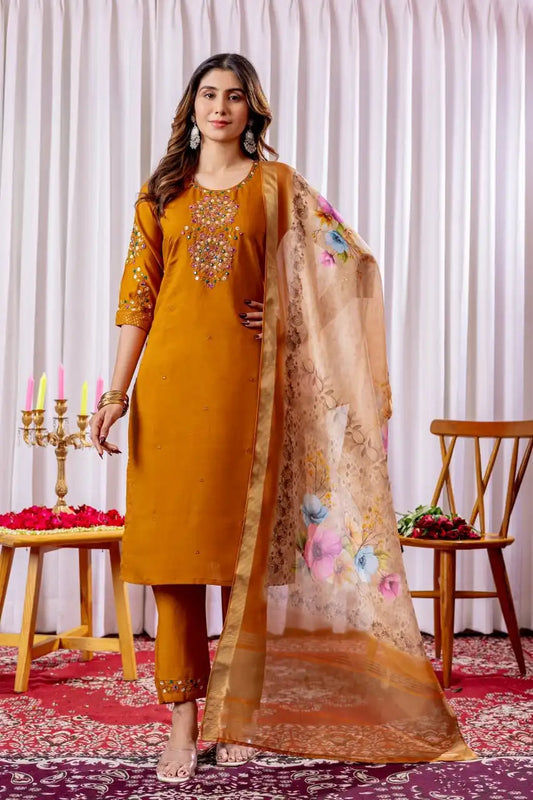 Lila 09 Viscose Silk Kurti Pant Dupatta Hand Work