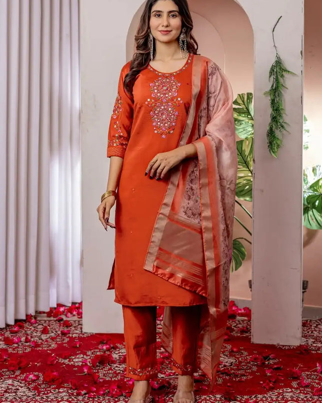 Lila 09 Viscose Silk Orange Color Kurti Pant Dupatta Collection
