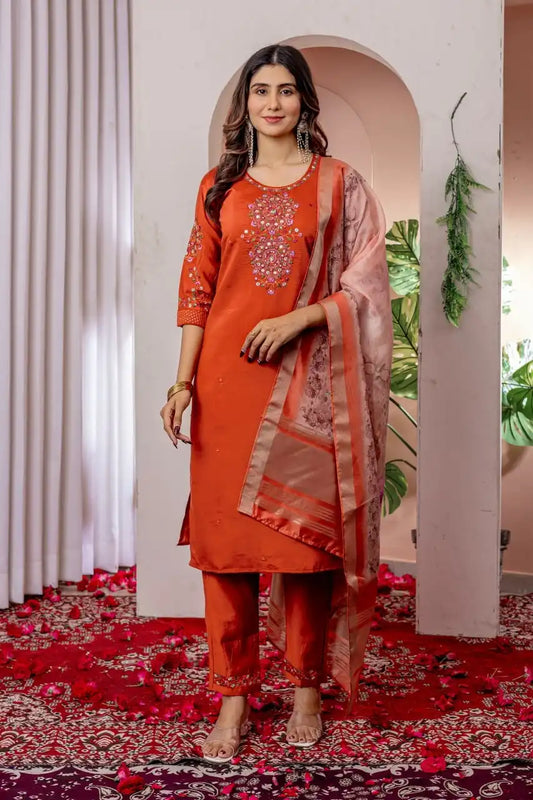 Lila 09 Viscose Silk Orange Color Kurti Pant Dupatta Collection