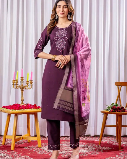 Lila 09 Viscose Silk Eggplant Color Kurti Pant Dupatta Diwali Collection