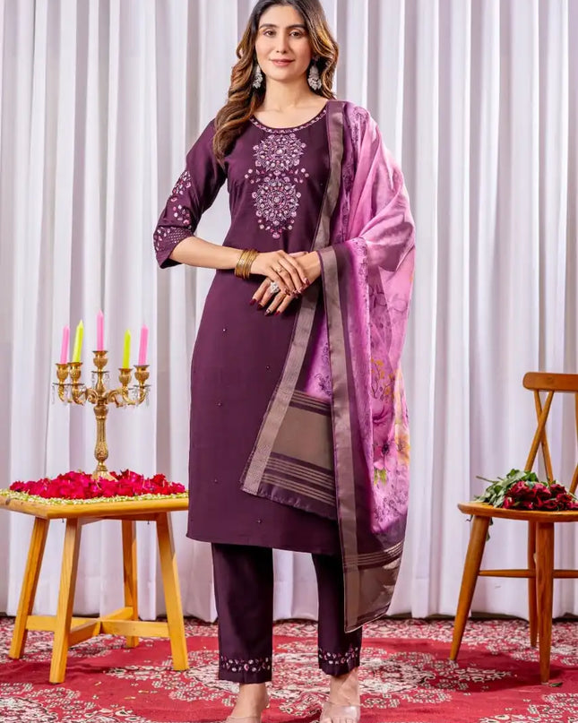 Lila 09 Viscose Silk Eggplant Color Kurti Pant Dupatta Diwali Collection