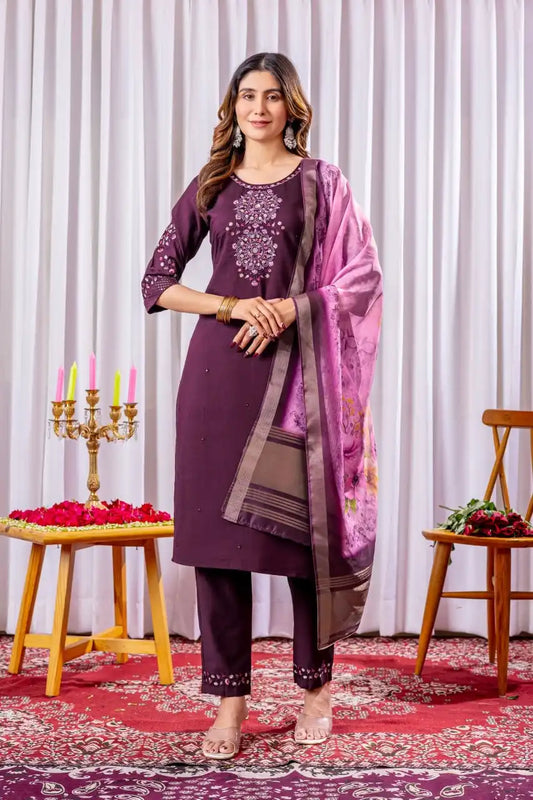 Lila 09 Viscose Silk Eggplant Color Kurti Pant Dupatta Diwali Collection