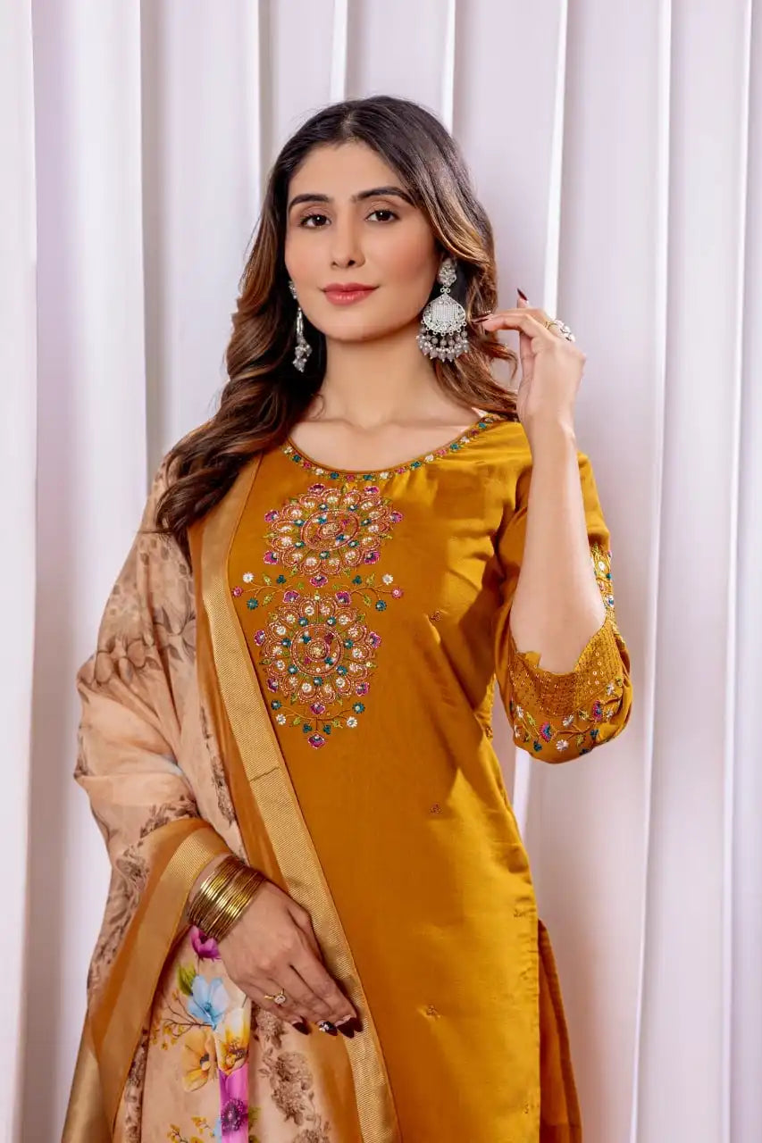 Lila 09 Viscose Silk Kurti Pant Dupatta Hand Work