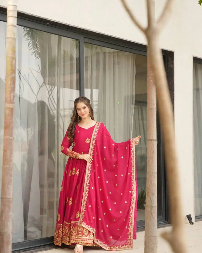 Moni 1164 Pink Color Georgette Embroidery Work Ladies Gown Dupatta Dress