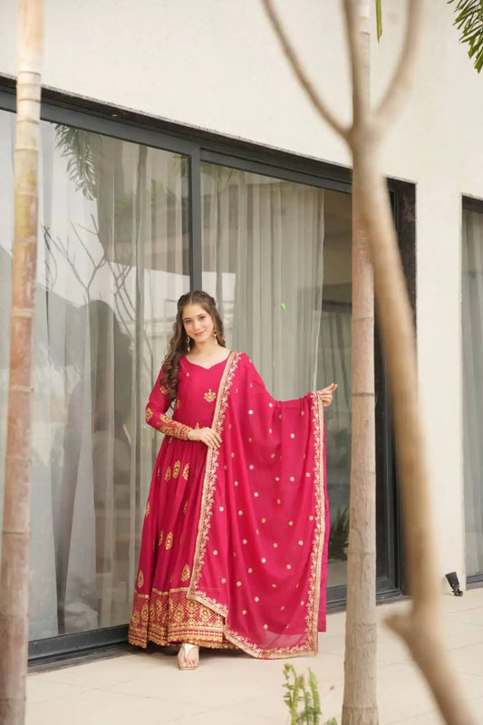 Moni 1164 Pink Color Georgette Embroidery Work Ladies Gown Dupatta Dress