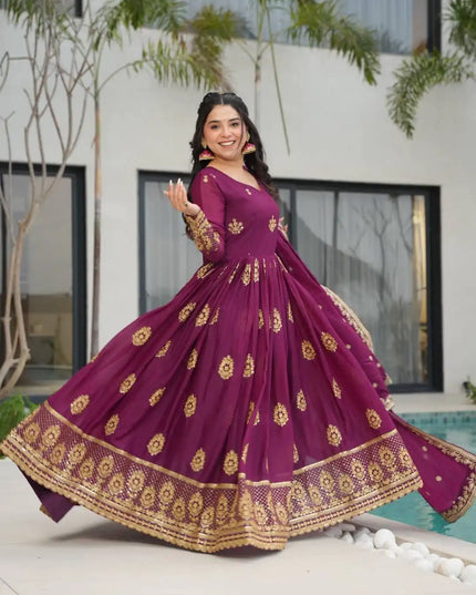 Moni 1164 Wine Color Georgette Embroidery Work Ladies Gown Dupatta Dress