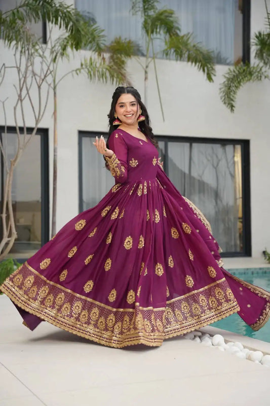 Moni 1164 Wine Color Georgette Embroidery Work Ladies Gown Dupatta Dress