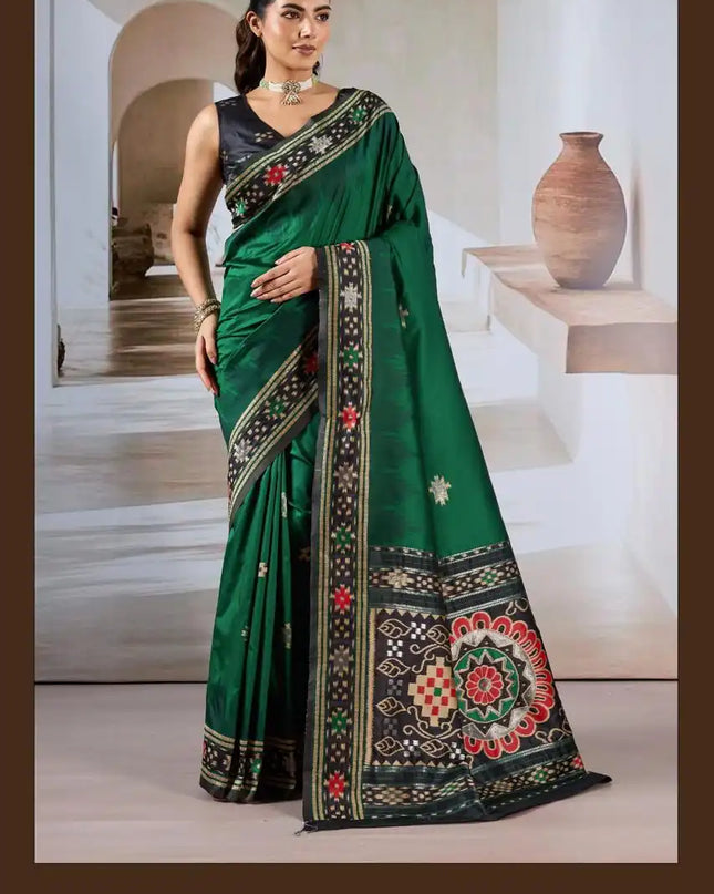 Rajtex Pure Patola Handloom Weaving Silk Saree Forestgeen