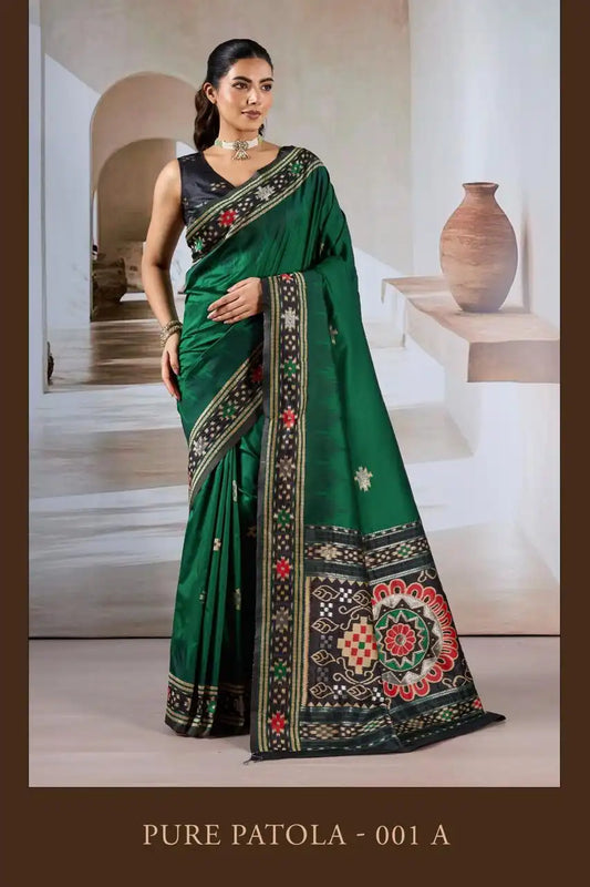 Rajtex Pure Patola Handloom Weaving Silk Saree Forestgeen