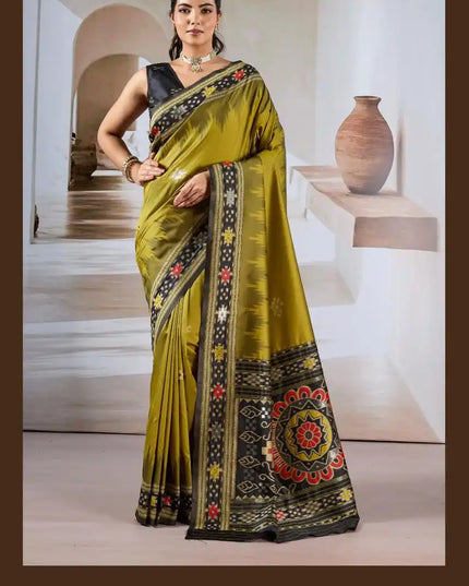 Rajtex Pure Patola Handloom Weaving Silk Saree Olive