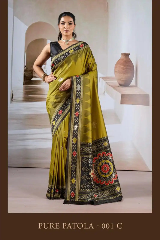 Rajtex Pure Patola Handloom Weaving Silk Saree Olive