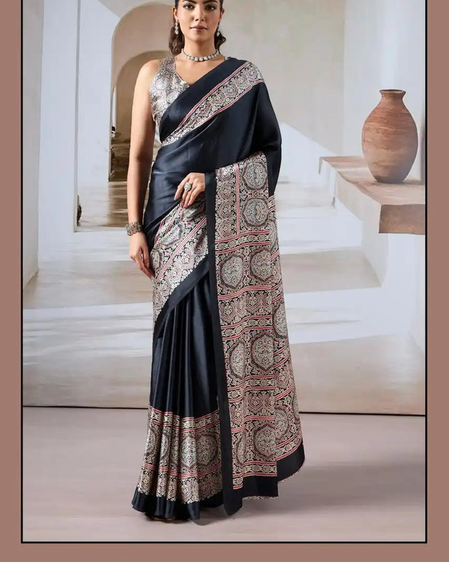 Rajtex Pure Ajrakh Modal Satin Ajrakh Print Saree Black