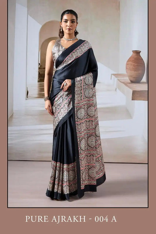 Rajtex Pure Ajrakh Modal Satin Ajrakh Print Saree Black