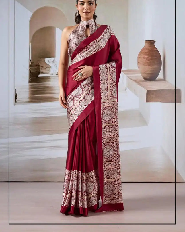Rajtex Pure Ajrakh  Modal Satin Ajrakh Print Saree Maroon