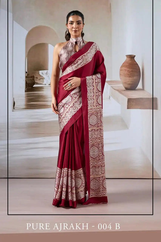 Rajtex Pure Ajrakh  Modal Satin Ajrakh Print Saree Maroon
