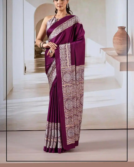 Rajtex Pure Ajrakh  Modal Satin Ajrakh Print Saree Plum