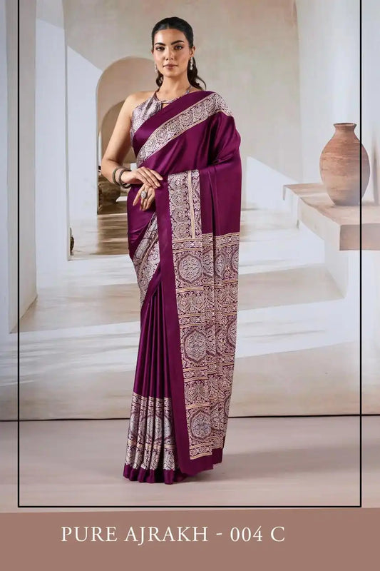 Rajtex Pure Ajrakh  Modal Satin Ajrakh Print Saree Plum