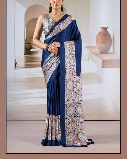Rajtex Pure Ajrakh  Modal Satin Ajrakh Print Saree Steelblue