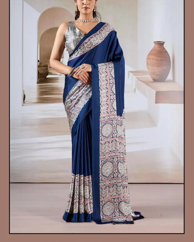 Rajtex Pure Ajrakh  Modal Satin Ajrakh Print Saree Steelblue