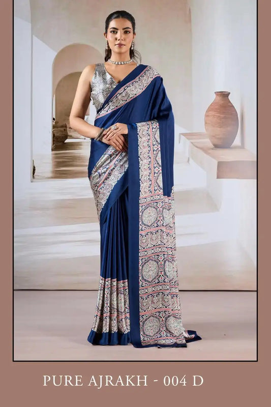 Rajtex Pure Ajrakh  Modal Satin Ajrakh Print Saree Steelblue