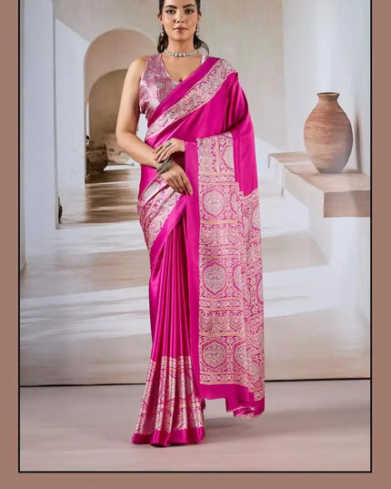 Rajtex Pure Ajrakh  Modal Satin Ajrakh Print Saree Magenta