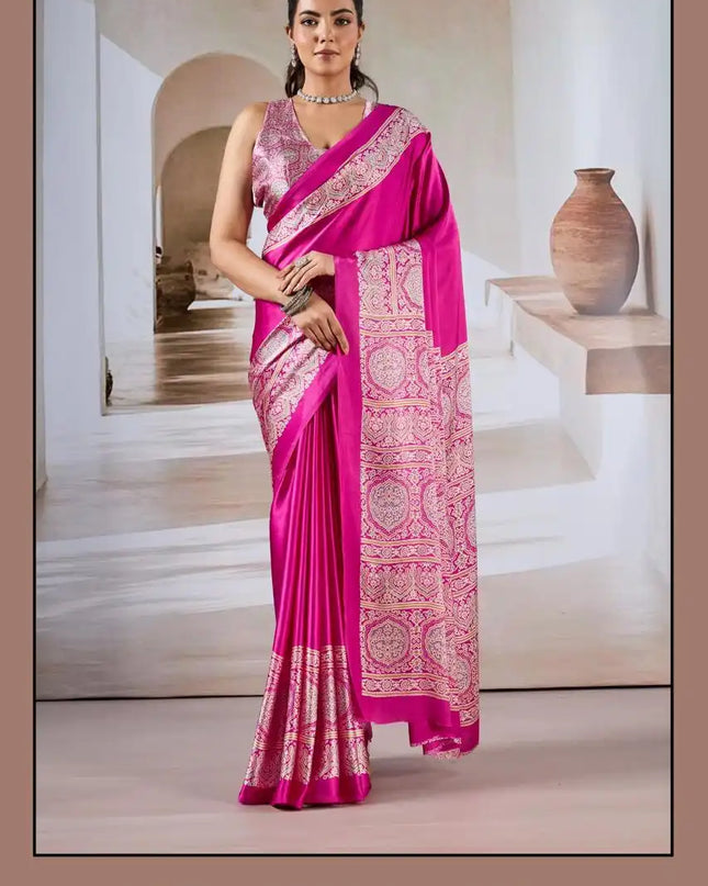 Rajtex Pure Ajrakh  Modal Satin Ajrakh Print Saree Magenta