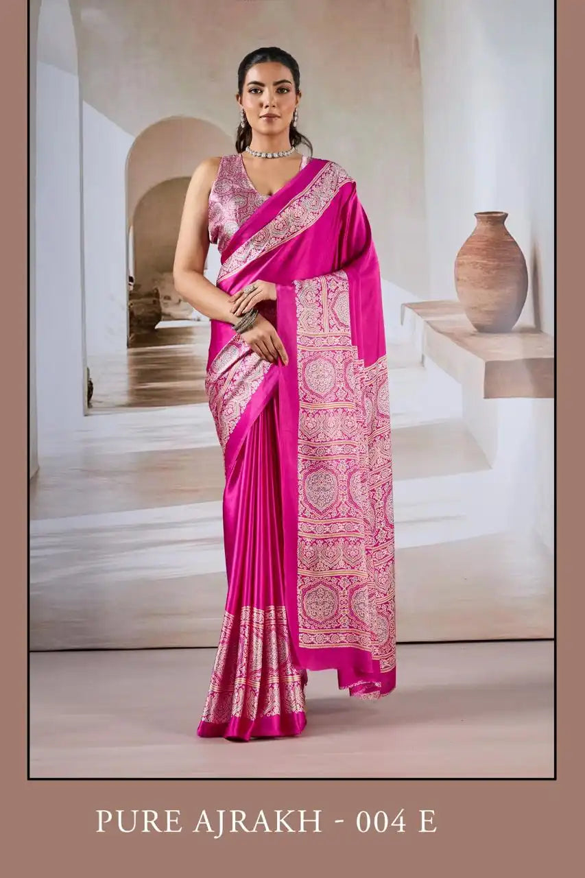 Rajtex Pure Ajrakh  Modal Satin Ajrakh Print Saree Magenta