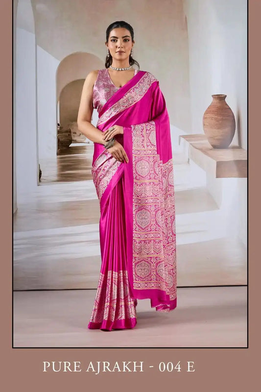 Rajtex Pure Ajrakh  Modal Satin Ajrakh Print Saree Magenta