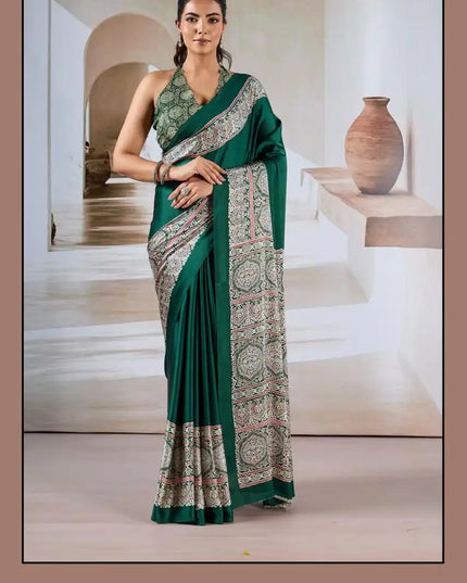 Rajtex Pure Ajrakh  Modal Satin Ajrakh Print Saree Jade
